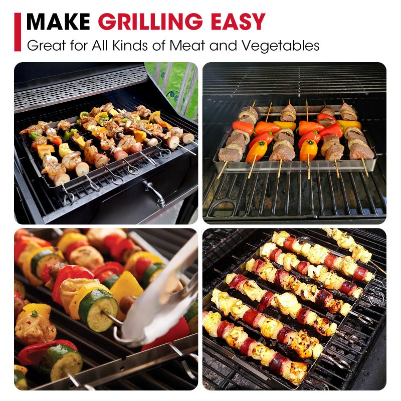 Unicook Stainless Steel BBQ Shish Kabob Set, Foldable Shish Kabob Holder with 6pcs 13"L Skewers, Reusable Grill Rack, Comes with 30pcs 12.5"L Bamboo Skewers for Party and Cookout - Image 2